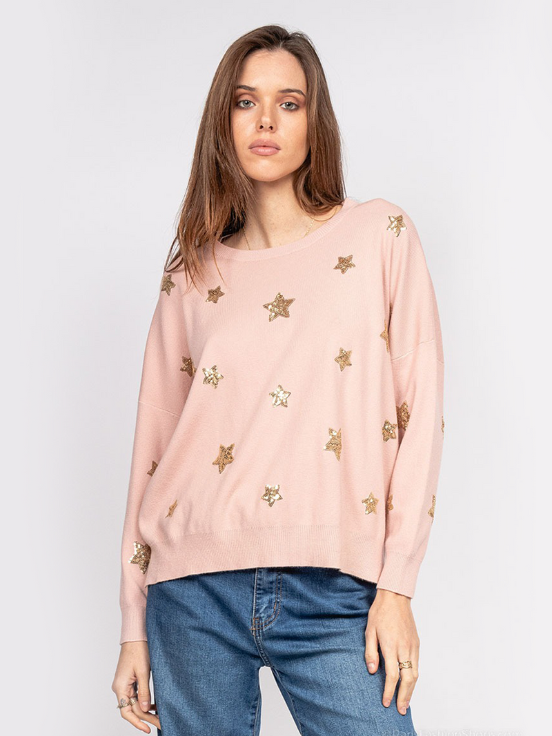 Pulover damă Plus Size elegant cu steluțe aurii- Roz