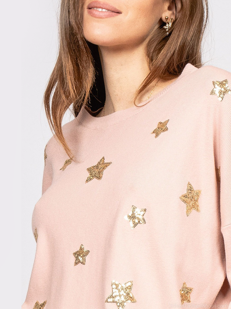Pulover damă Plus Size elegant cu steluțe aurii- Roz