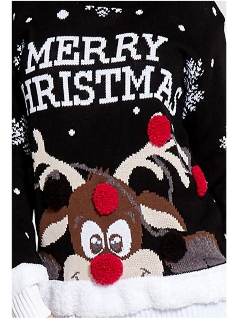 Pulover damă de Crăciun cu ren și pompon- Negru