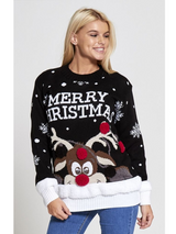 Pulover damă de Crăciun cu ren și pompon- Negru