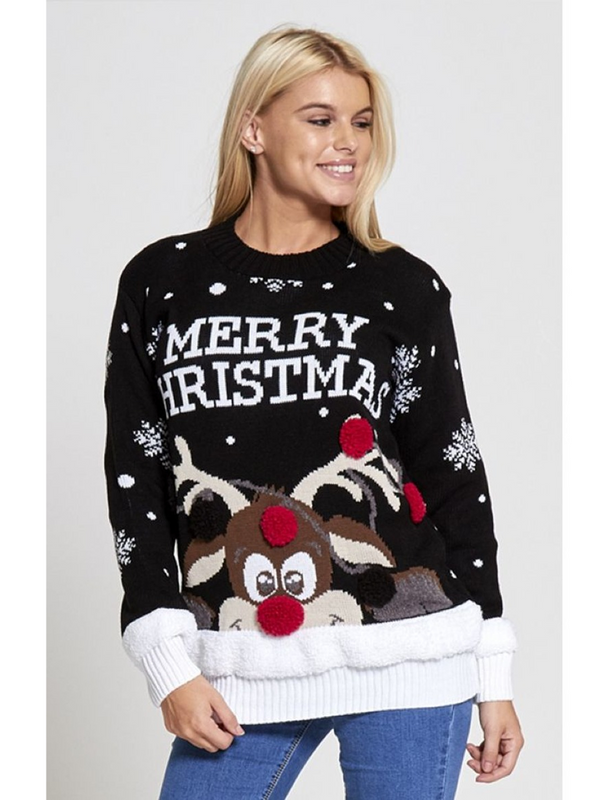 Pulover damă de Crăciun cu ren și pompon- Negru
