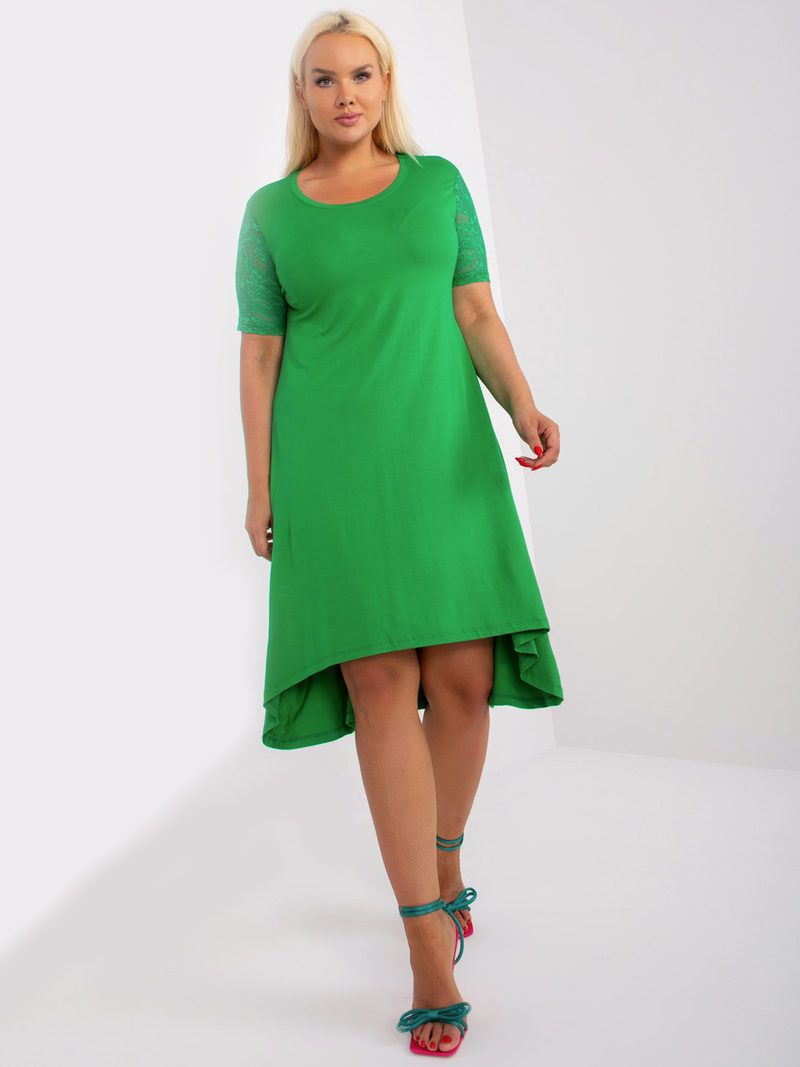 Rochie damă Plus Size asimetrică cu mâneci din dantelă- Verde