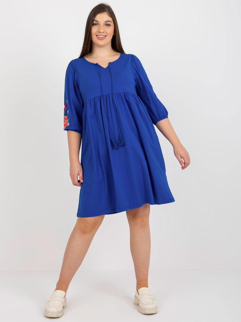 Rochie damă Plus Size cu broderie pe mâneci- Albastru