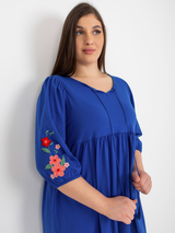 Rochie damă Plus Size cu broderie pe mâneci- Albastru