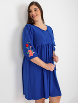 Rochie damă Plus Size cu broderie pe mâneci- Albastru