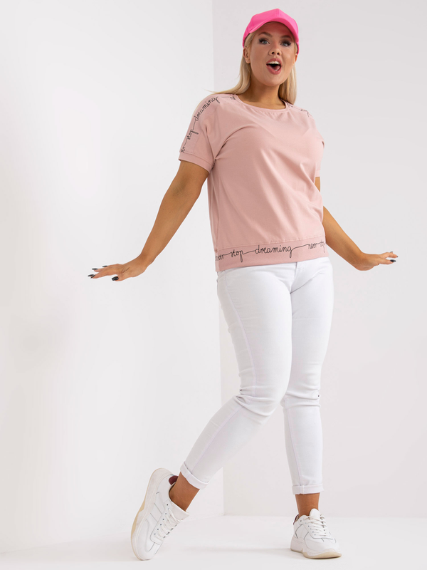 Tricou damă Plus Size cu inscripții- Roz Pudră