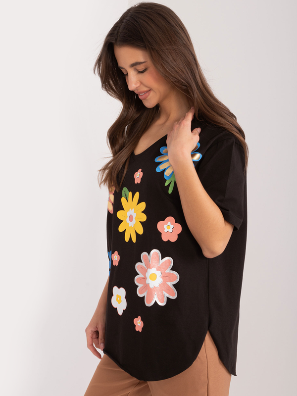 Tricou damă Plus Size cu print flori multicolore- Negru