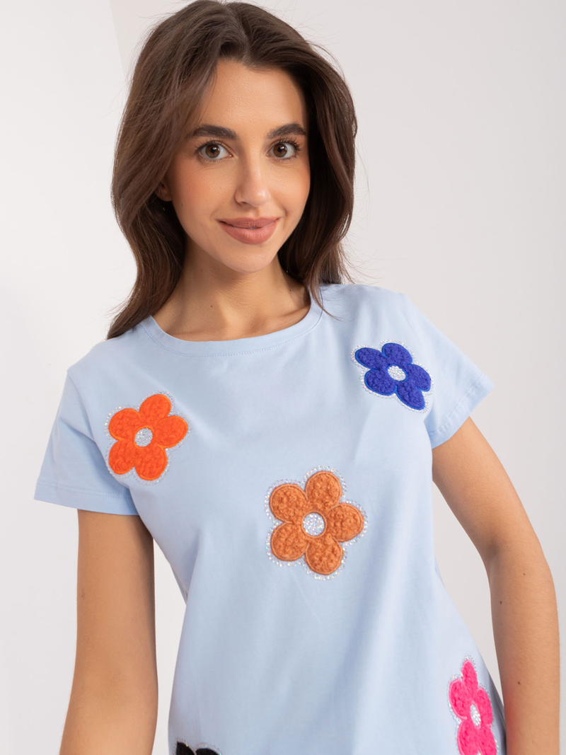 Tricou damă cu flori multicolore aplicate- Ciel