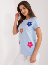 Tricou damă cu flori multicolore aplicate- Ciel