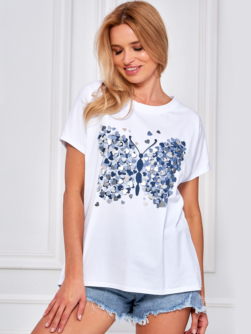 Tricou damă cu print fluture- Alb/ Albastru