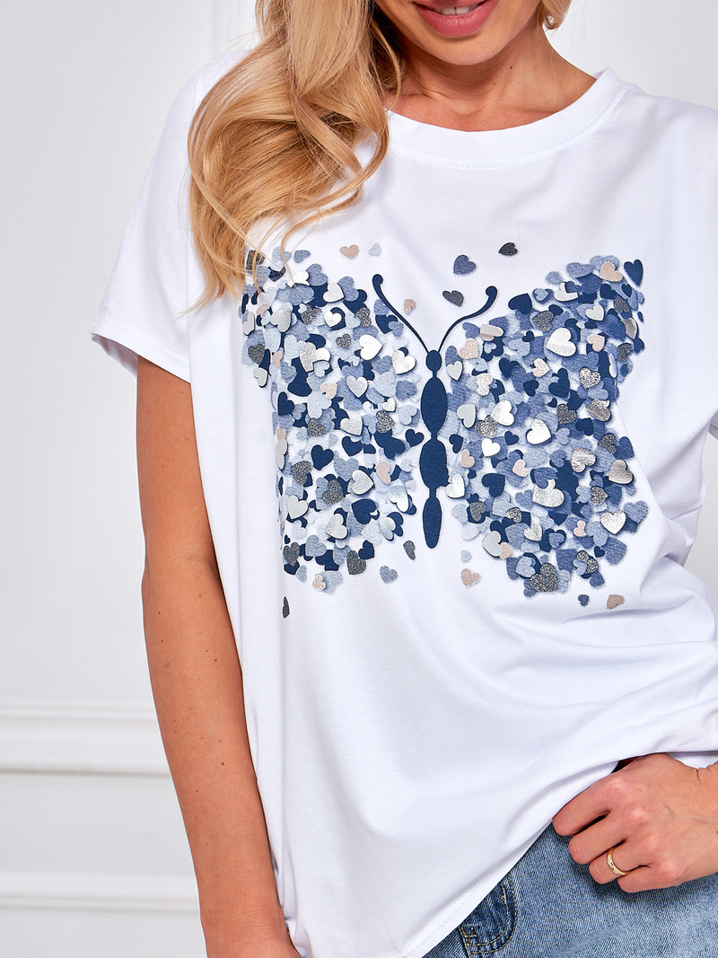 Tricou damă cu print fluture- Alb/ Albastru