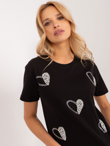 Tricou damă din bumbac cu inimioare din strasuri- Negru