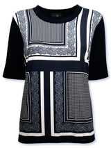 Bluză femei tricotată fin bleumarin cu motiv panouri