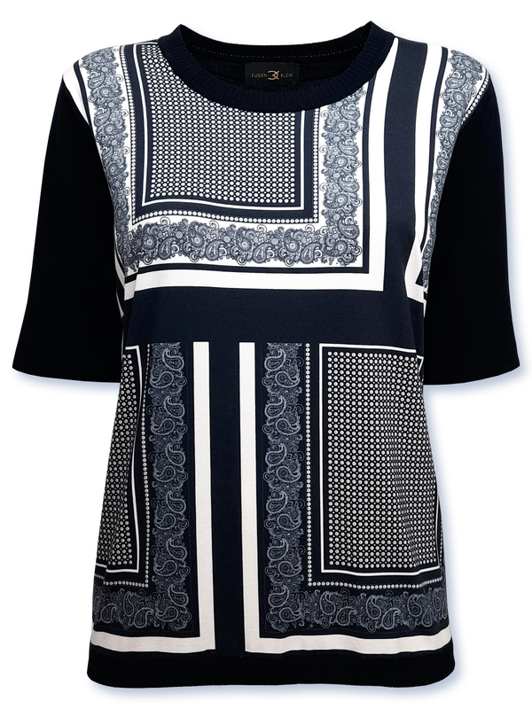 Bluză femei tricotată fin bleumarin cu motiv panouri