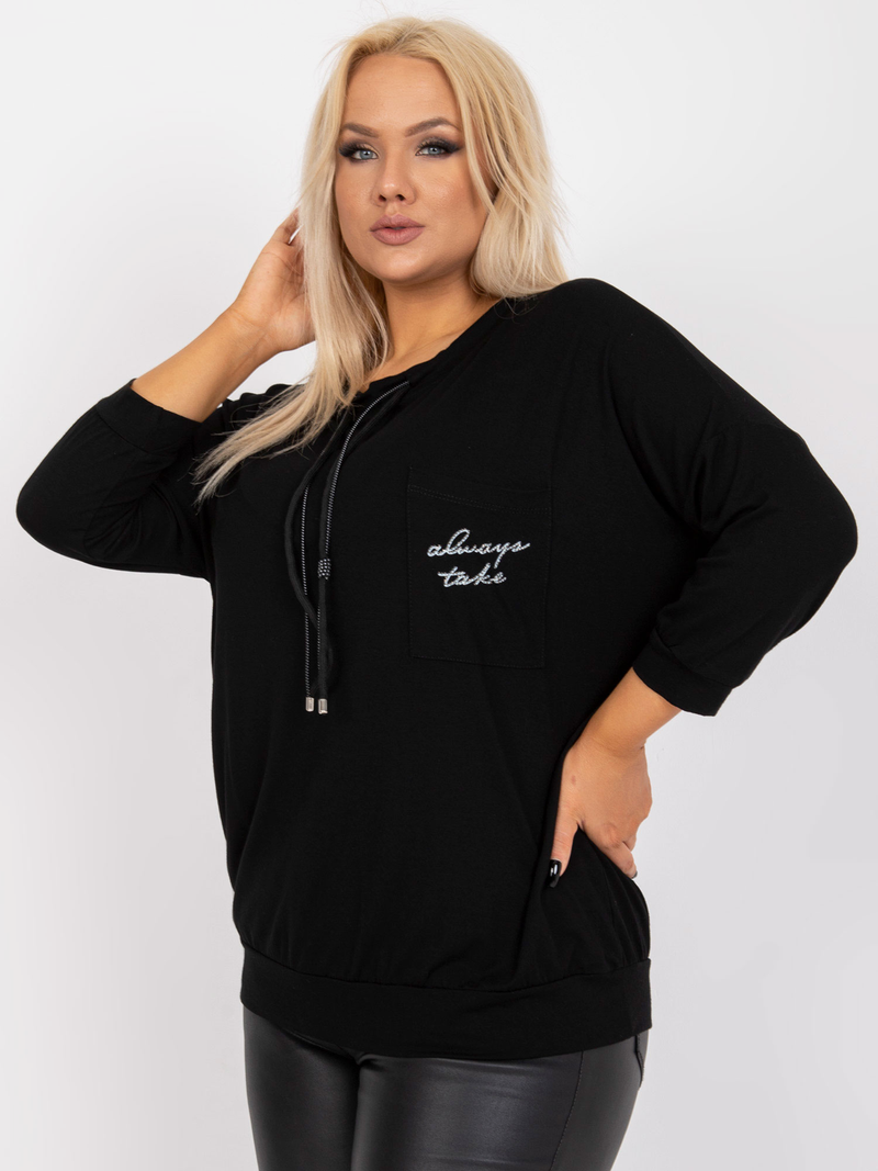 Bluză damă Plus Size cu șnur la guler și print cu stras- Negru
