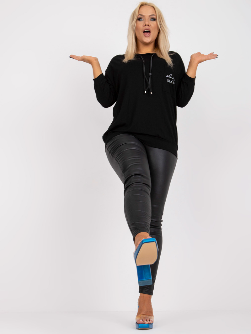 Bluză damă Plus Size cu șnur la guler și print cu stras- Negru