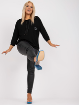 Bluză damă Plus Size cu șnur la guler și print cu stras- Negru