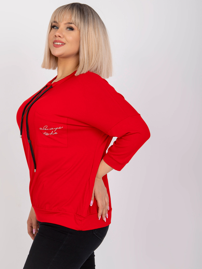 Bluză damă Plus Size cu șnur la guler și print cu stras- Roșu
