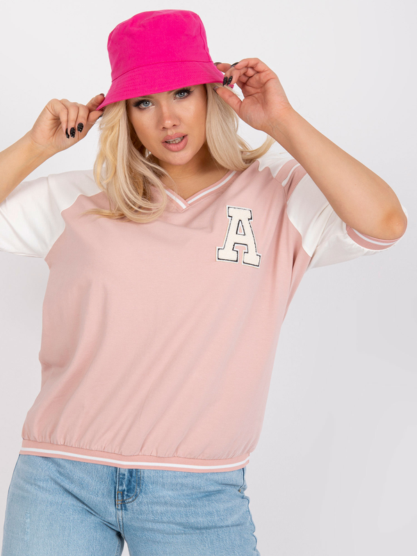 Bluză damă Plus Size cu mânecă raglan și aplicație- Roz/ Alb