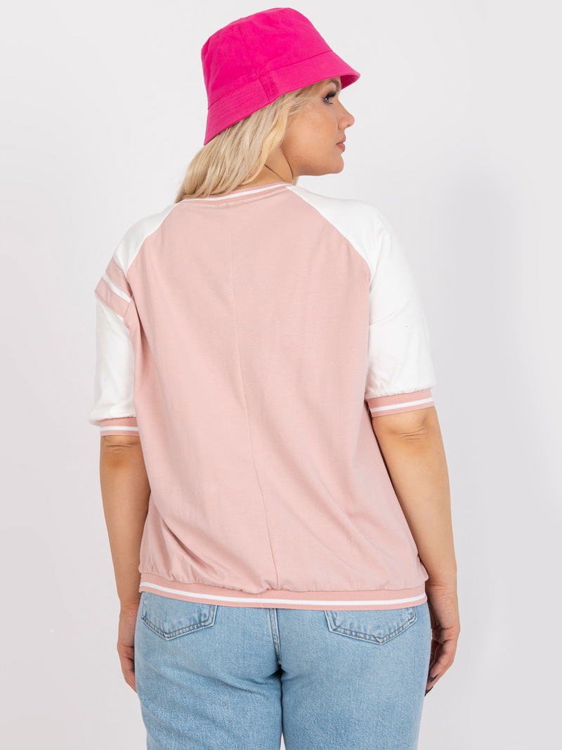 Bluză damă Plus Size cu mânecă raglan și aplicație- Roz/ Alb