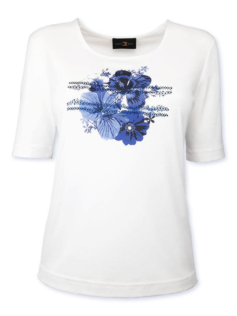 Bluză damă albă cu imprimeu floral și strasuri