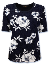 Bluză damă bleumarin cu dantelă și motiv floral
