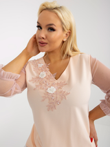 Bluză damă elegantă Mărimi Mari cu broderie și mâneci din tull- Roz Piersică