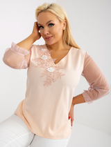 Bluză damă elegantă Mărimi Mari cu broderie și mâneci din tull- Roz Piersică
