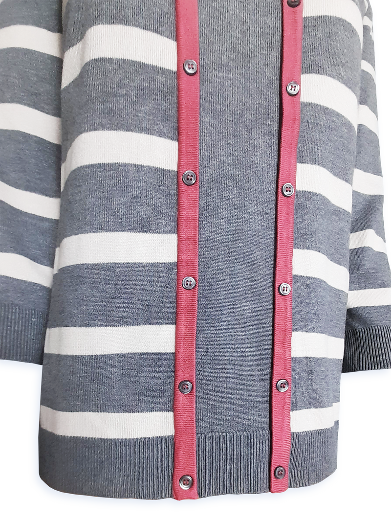 Bluză damă tricotată cu dungi gri-bej si garnitură roz