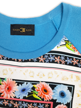 Bluză damă tricotată fin turcoaz cu panou floral imprimat