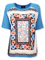 Bluză damă tricotată fin turcoaz cu panou floral imprimat