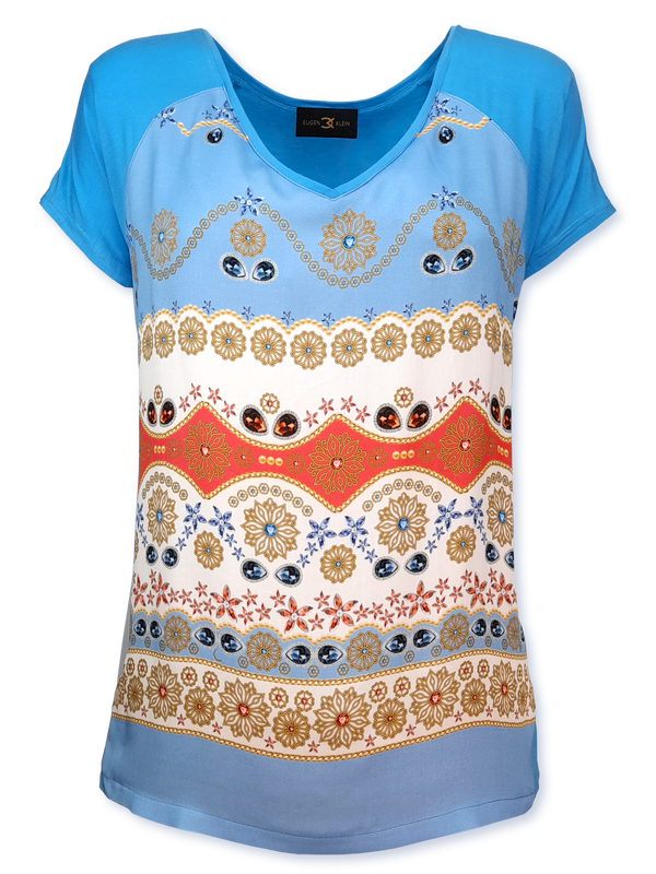 Bluză damă turcoaz imprimată cu motive orizontale