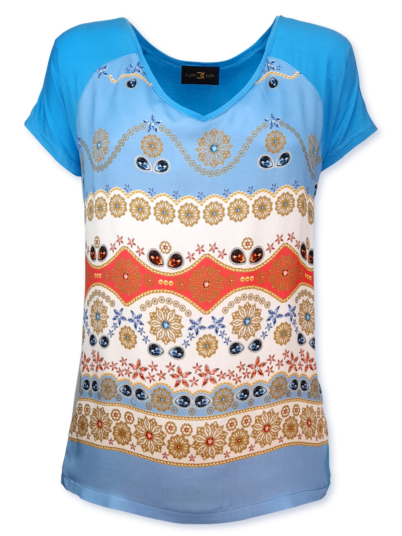 Bluză damă turcoaz imprimată cu motive orizontale