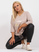 Bluză femei Plus Size cu mânecă raglan și print auriu- Bej