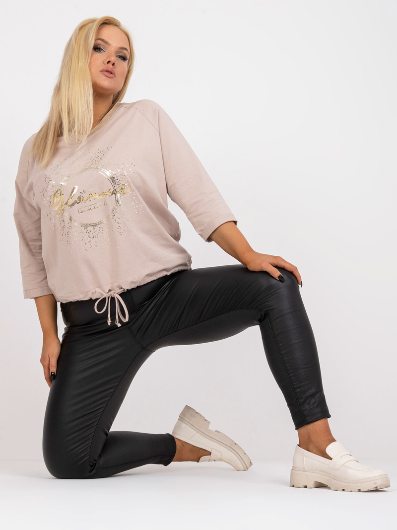 Bluză femei Plus Size cu mânecă raglan și print auriu- Bej
