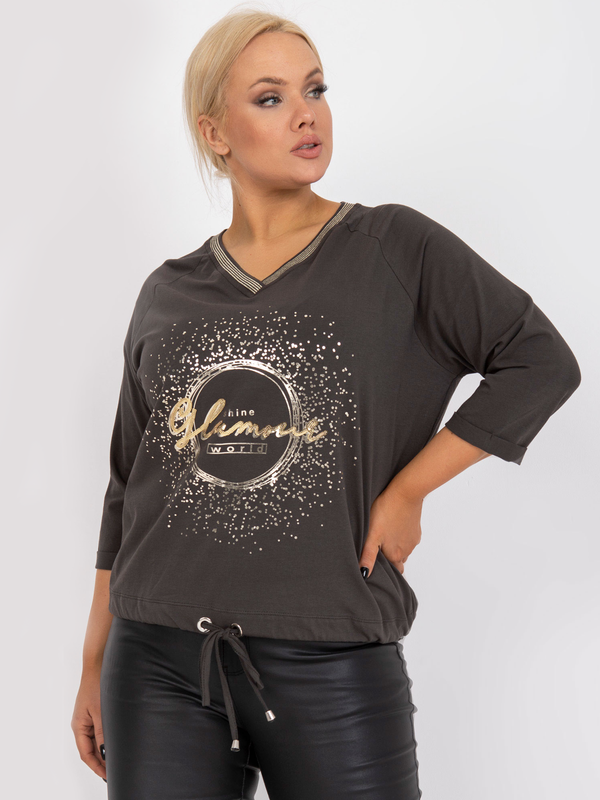 Bluză femei Plus Size cu mânecă raglan și print auriu- Maro