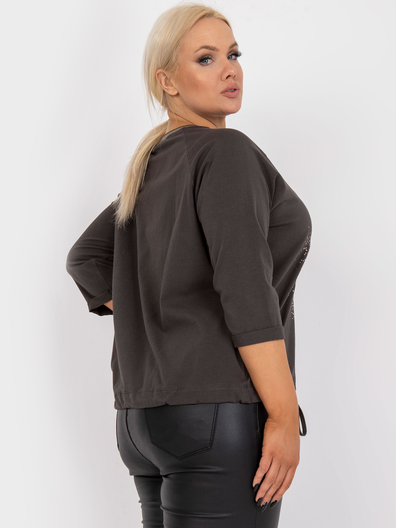 Bluză femei Plus Size cu mânecă raglan și print auriu- Maro