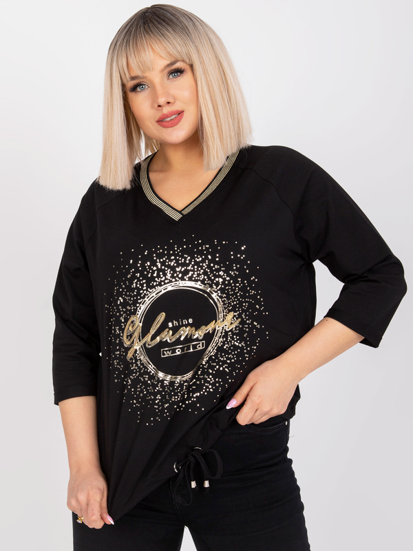 Bluză femei Plus Size cu mânecă raglan și print auriu- Negru