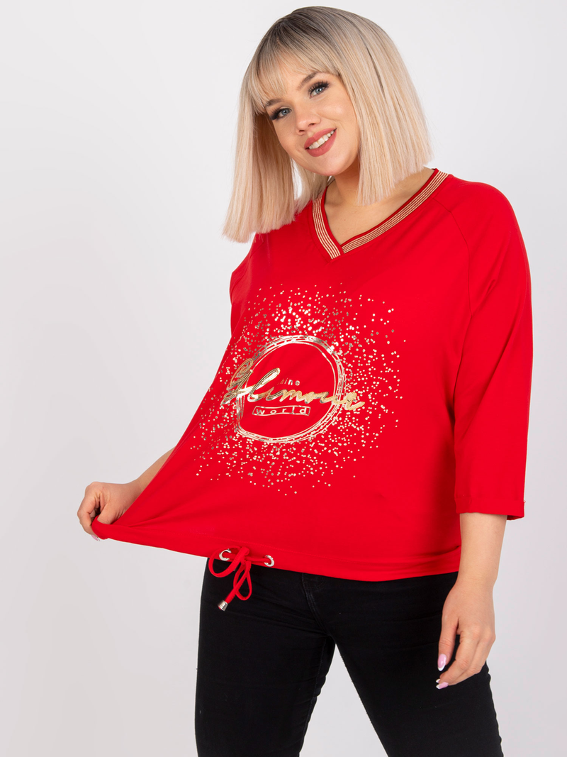 Bluză femei Plus Size cu mânecă raglan și print auriu- Roșu