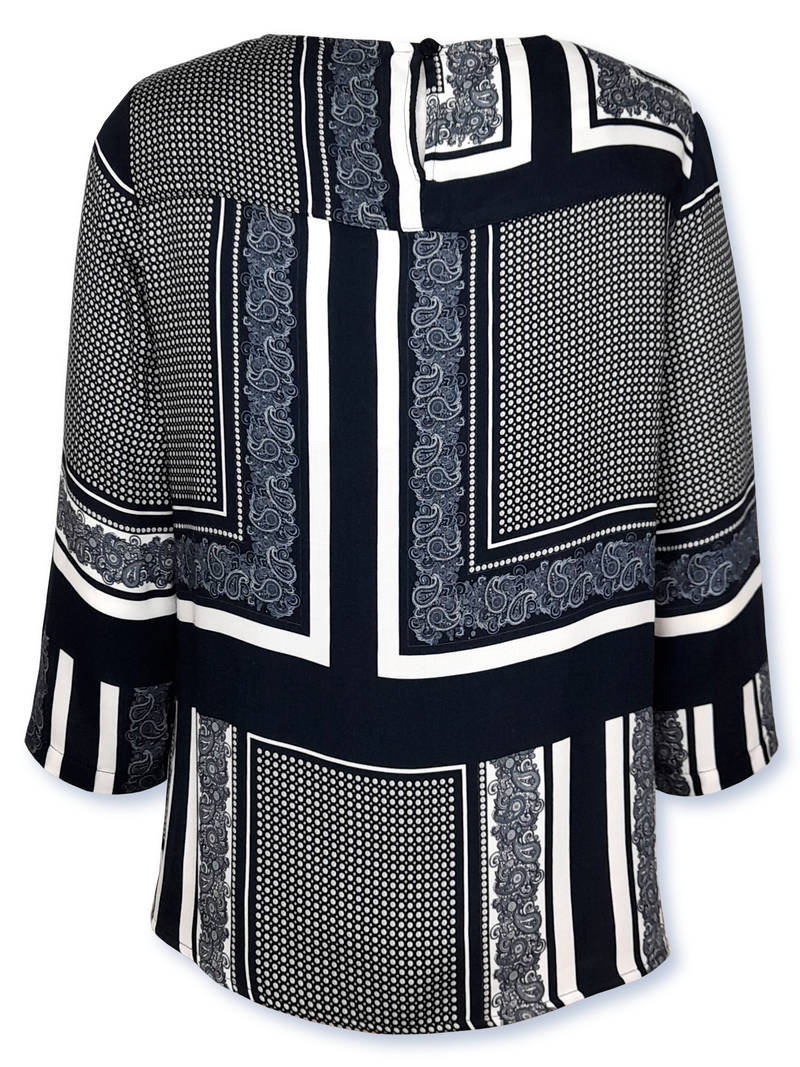 Bluză femei bleumarin cu motiv panouri și mărgele la terminație