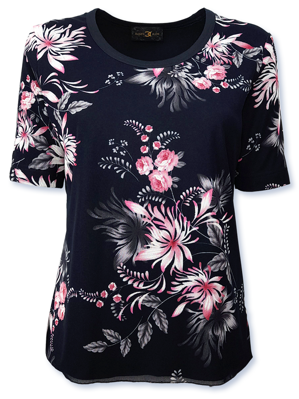 Bluză femei bleumarin cu tul imprimat cu motive florale