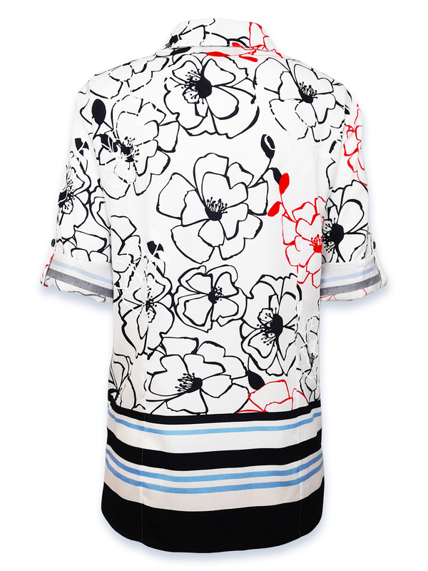 Bluză femei tip camașă albă cu flori și dungi