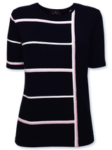 Bluză femei tricotată fin bleumarin cu dungi fantezie roz-alb