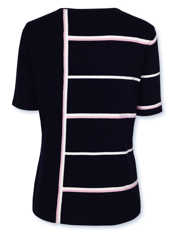 Bluză femei tricotată fin bleumarin cu dungi fantezie roz-alb