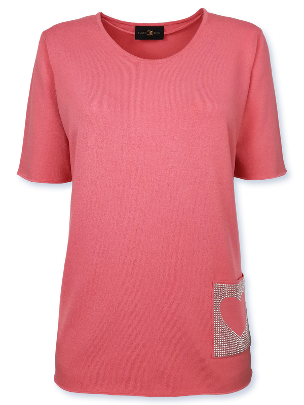 Bluză femei tricotată fin roz salmone cu ornament inimă pe buzunar