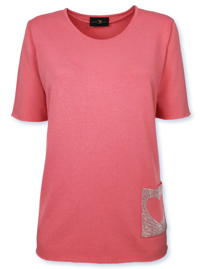 Bluză femei tricotată fin roz salmone cu ornament inimă pe buzunar