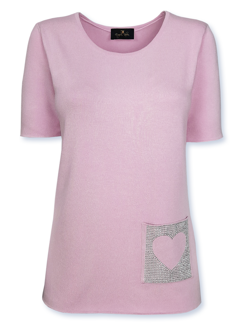 Bluză femei tricotată fin roz cu ornament inimă pe buzunar