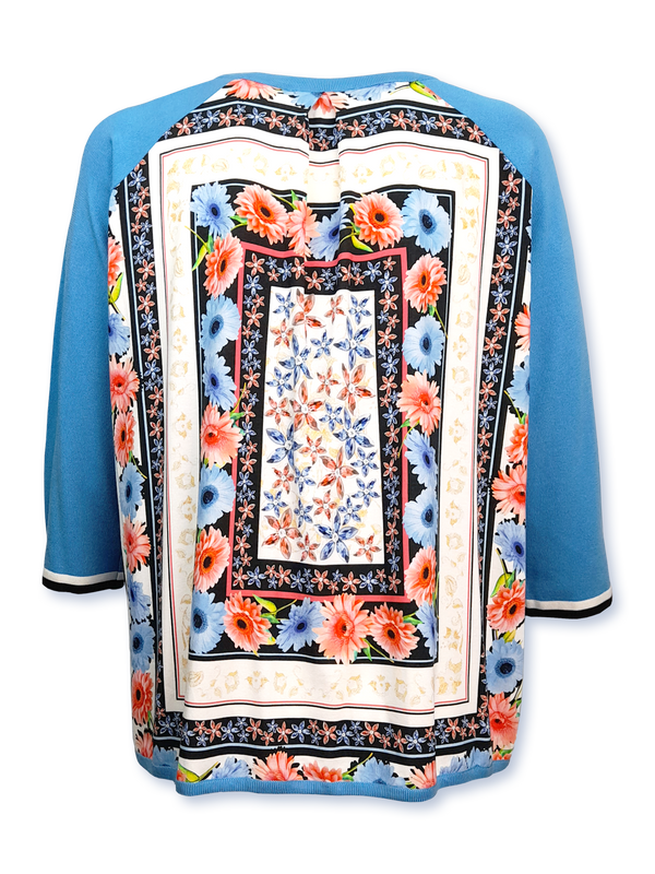 Cardigan damă tricotat turcoaz cu panou floral imprimat