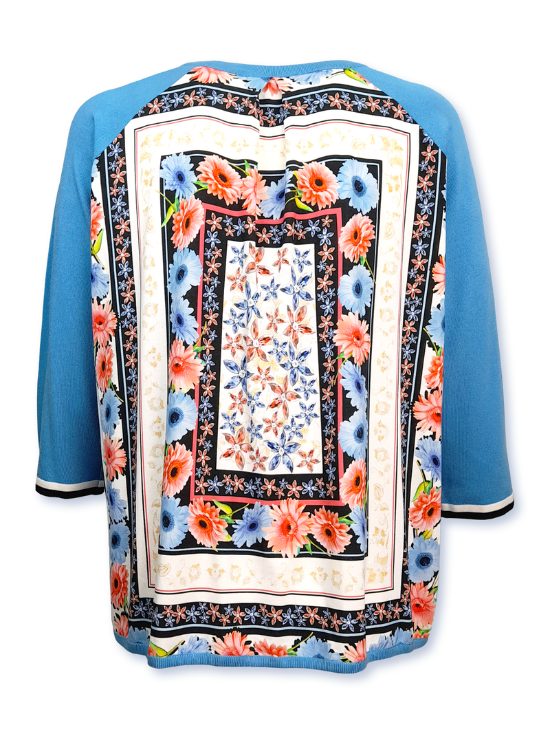 Cardigan damă tricotat turcoaz cu panou floral imprimat