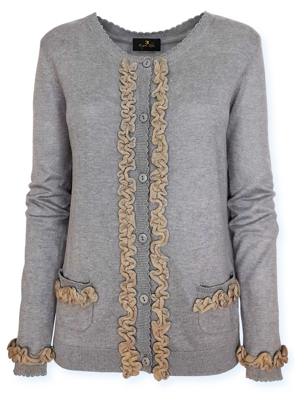 Cardigan tricotat gri cu benzi ornamentale bej